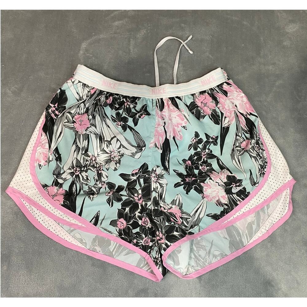 Nike Womens M Pink Blue Floral Print DRI-FIT Running Shorts Athleisure EUC